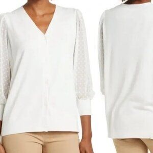 Adrianna Papell V-neck Swiss Dot Sleeved Cardigan Top Size M Ivory 3/4 Sleeve